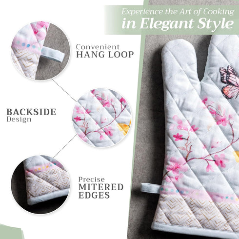 Maison d' Hermine Oven Mitt & Pot Holder Set - 100% Cotton, Heat Resistant BBQ Cooking Gloves (Blossoms In Spring)