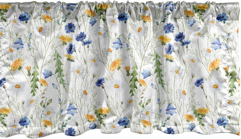 Ambesonne Flower Window Valance, Rustic Wild Flowers Poppies and Daisies Scenery, 54" X 18", Blue Yellow