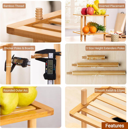 3-Tier Counter, Countertop(1, 3Tier-Large-6.7"H) Cabinet Organizer Shelf - Bamboo Corner Rack for Kitchen Cabinet Space