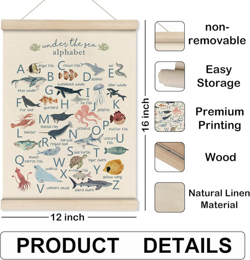Playroom,12x16 Inch HRQKO Ocean Alphabet Poster Hanger Frame, Ocean Nursery Decor, Sea Animal Wall Decor, ABC Poster