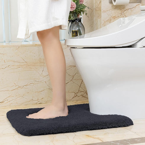 VANZAVANZU Toilet Rugs for Bathroom - U Shaped Contour Bath Mats, Non-Slip Microfiber Shaggy Thick (Black)