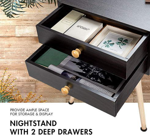 2-Drawer 4 Giantex Mid Century Modern Nightstand, Bedside Tables with Solid Wood Legs, Night Stand for Small Spaces