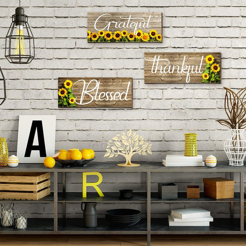 Nuanchu 3 Pcs Sunflower Wall Decor Art Signs, Thankful Grateful Blessed Wooden Hanging Plaques for Home