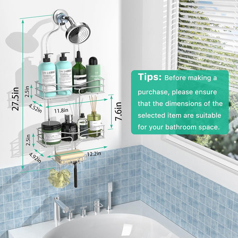 Shower Caddy Organizer with 6 Hooks for Razor & Sponge, Shower Shelf with Soap Basket, Hanging Storage, Silver