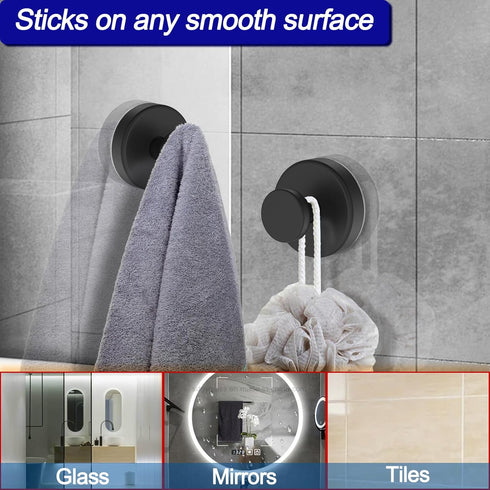 Suction Cup Hooks for Shower, Removable Towel Hooks for Bathroom and Glass Door, 2 Pack, Black