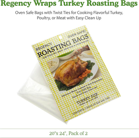 Regency Wraps Turkey Roasting Bags with Twist Ties, Oven Safe for Cooking Turkey, Poultry, or Meat, 20" x 24" (2 pack)