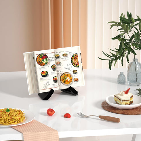 Cookbook Stand for Kitchen, Black Recipe Book Holder for Counter, Wooden Plate Display Stand for Tabletop