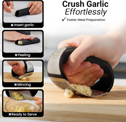 Set Zulay Kitchen Stainless Steel Garlic Press Rocker - Premium Garlic Mincer Garlic Crusher - New Innovative Garlic