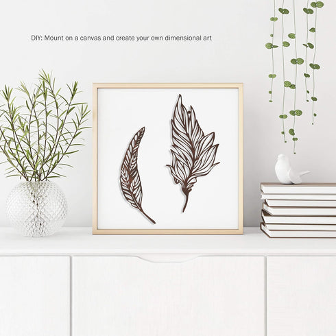 Decor-Set Lavish Home Wall of Two Metal Feather Hanging Wall Art Laser Cut Contemporary Nature Sculpture for Living