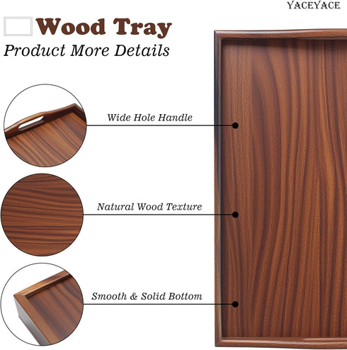 YACEYACE 15.7"x12"x2" Wood Serving Tray for Ottoman, Medium Wodden Serving Tray with Handles for Coffee Table, Wood
