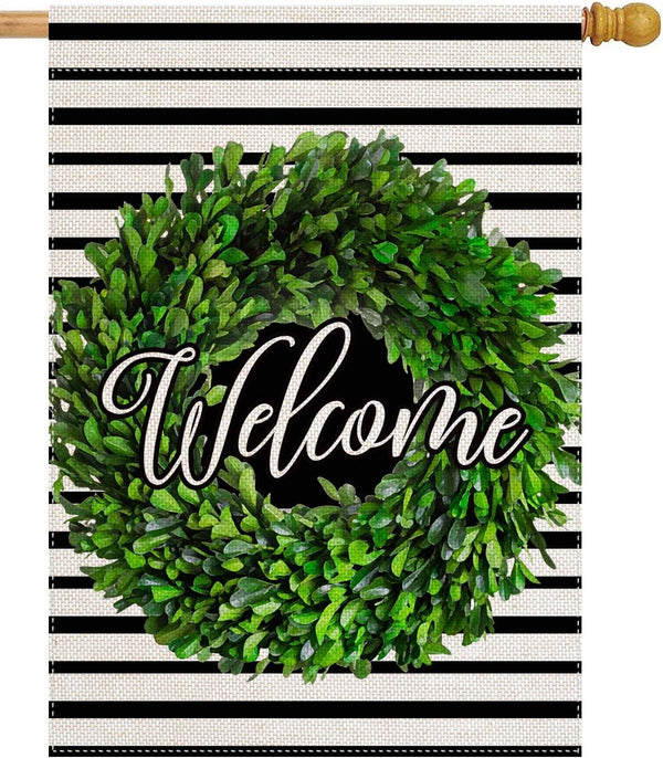 Welcome House Flag, Garden Flag, Garden Flags, Porch Flags, Yard Flags, Farmhouse Decor, Boxwood Burlap Wreath Home