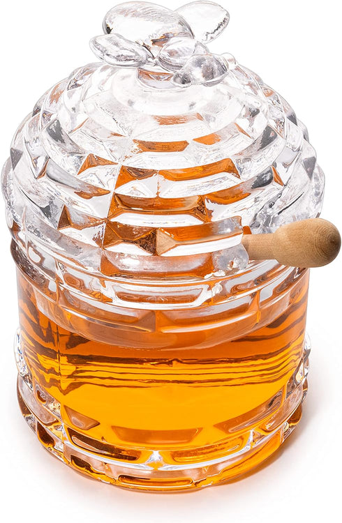 14oz Crystal Bee Honey Dish Jar with Dipper and Lid Elegant Glass Beehive Honey Pot for Rosh Hashanah, Holidays