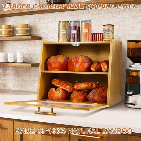 Joyvilla Countertop, Double Layer Bamboo Bread Box for Kitchen Bread Storage Container, Bread Box with Window, Large