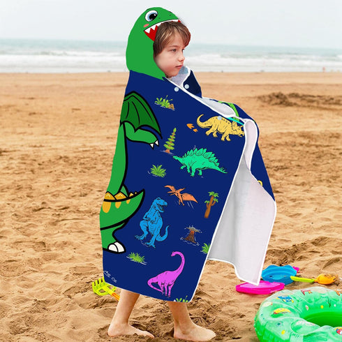 FUTBU 30x50 Dinosaur Hooded Beach Towel for Boys, Soft & Absorbent T-Rex Dinosaur Poncho Towel, Green Blue Bathrobe