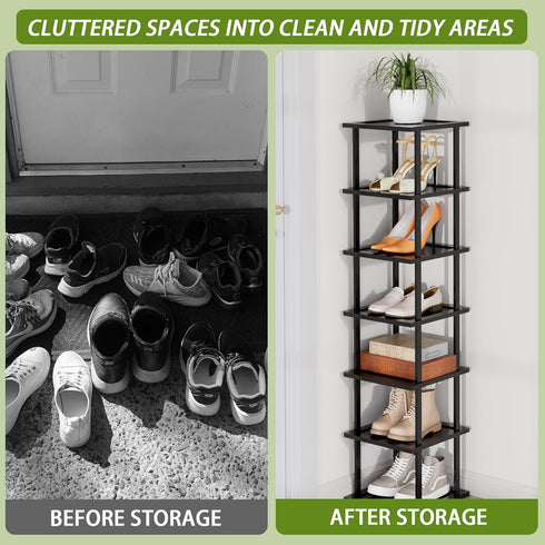 '-7 Closet Vertical Tall Shoe Rack Organizer for Entryway Tier Free Standing Slim Narrow Bamboo Wood Corner Stackable