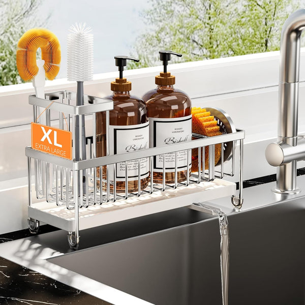 Cisily Sponge Holder for Kitchen Sink, Sink Caddy Organizer with High Brush