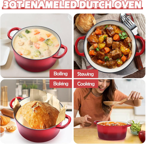 3qt TeamFar Dutch Oven, Small Enameled Cast Iron Dutch Oven Pot with Lid, For Bread Baking/Stewing/Braising/Frying
