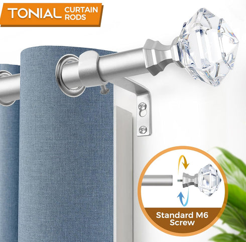 TONIAL Curtain Rods 32 to 58 Inch(2.6-4.8ft), Telescoping Splicing 3/4 Single Rods for Windows, Decorative Drapery Rod with Acrylic Diamond Finial, Nickel