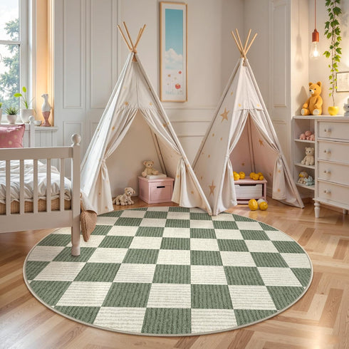 4 Bedroom(Green,120R) LIVEBOX Checkered Round Rug Ft Washable Area Rug for Playroom Classroom, Kids Non-Slip Neutral