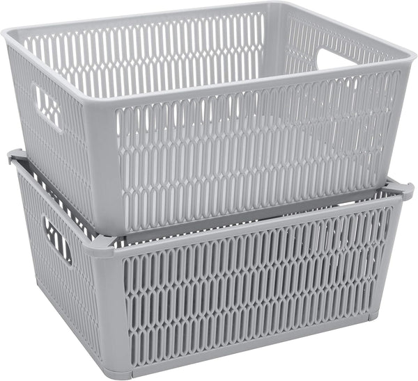 Simplify 2Pk Large Slide Stack It Tote Basket, Open Bins for Storage & Organization, Bathroom, Crafts, Office (Grey)