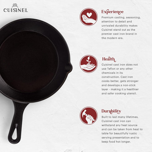 Cuisinel Cast Iron Skillet with Lid - 8" Frying Pan + Glass Cover + Silicone Grip Handle for Indoor/Outdoor Use