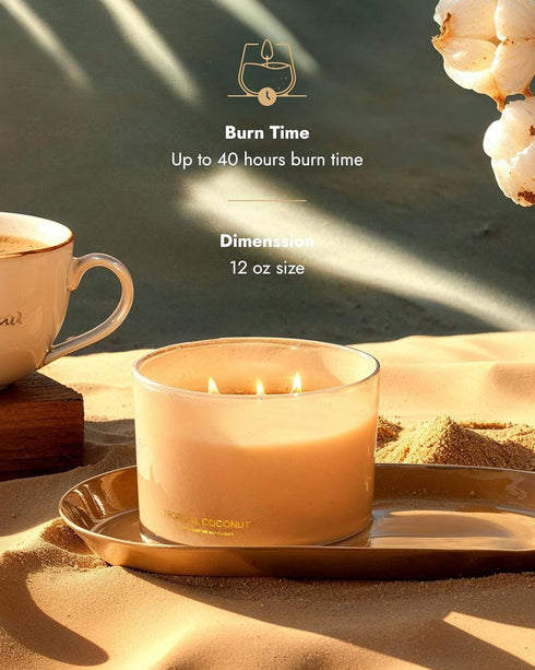 96NORTH Luxury Coconut Soy Candle | Large 3 Wick Jar Candle | Up to 50 Hours Burn Time | Tropical Beach Scent