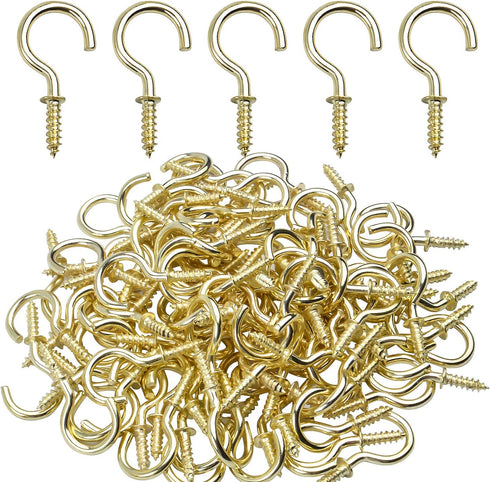 Aylifu 100 Pieces Ceiling Screw Hooks, 3/4 Inch Cup Hooks for Hanging Plants, Gold Screw-in Hooks