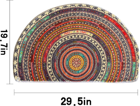 Semi Circle Bathroom Floor Rug, Half Round Door Mat, Mandala Boho Non-Slip Absorbent Bath Mat, Multicolor