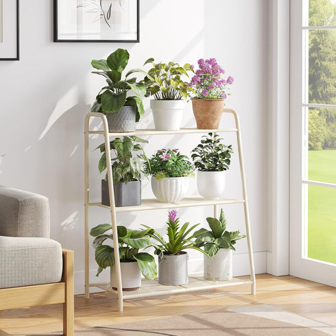 Wieghda 3-Tier 3 Corner Plant Stand, Metal Black Flower Pot Rack, Indoor Outdoor Heavy Duty Shelf (Cream, Tier)