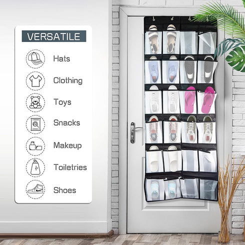 Over the Door Hanging Shoe Organizer with 24 Large Mesh Pockets - Black Shoes Holder