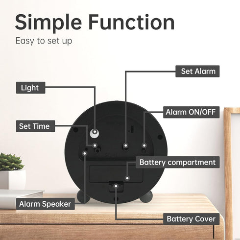 Analog Alarm Clock - 4 inch Super Silent Non Ticking Small Clock with Night Light, Battery Operated, Black Decor