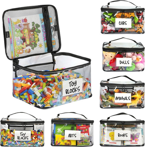 WinzMil 6-Pack Extra Large Toy Storage Bags with Zippers & Labels, Reusable Clear