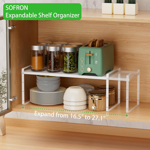 Expandable Cabinet Storage Shelf, Stackable Organizer Rack for Kitchen Bathroom Pantry, Heavy Duty White, 2 PACK