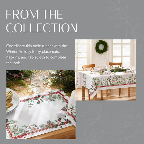 13" 70" Elrene Home Fashions Winter Holiday Berry Fabric Bordered Table or Console Runner, Christmas Table Decor, x