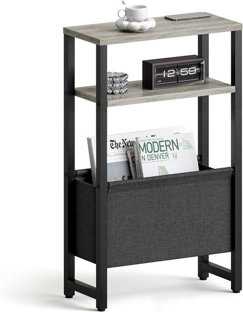 Narrow Side Table, Slim End Table with Magazine Rack, Bedside Table for