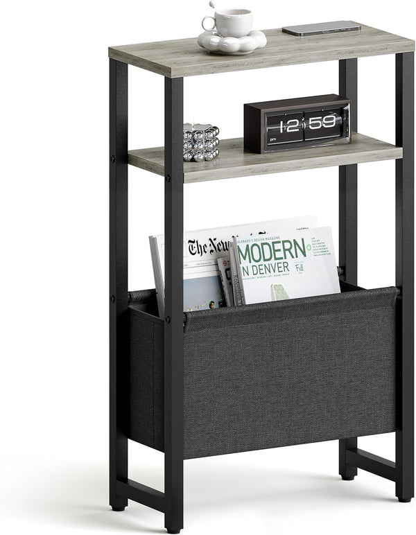 Narrow Side Table, Slim End Table with Magazine Rack, Bedside Table for