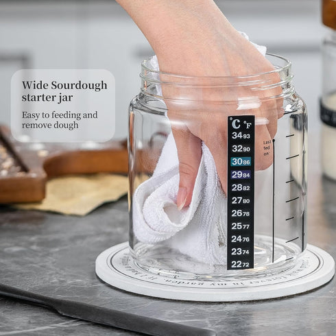 2PackWood Exhaust,35OZ Sourdough Starter Jar Sealed Lid with Automatic with Ounce Scale Line,Date Marked Feeding Band