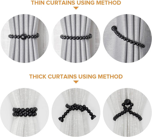NICEEC 2 Pack Wood Bead Curtain Tiebacks, Strong Magnetic Natural Wooden Beaded Holdbacks for Draperies