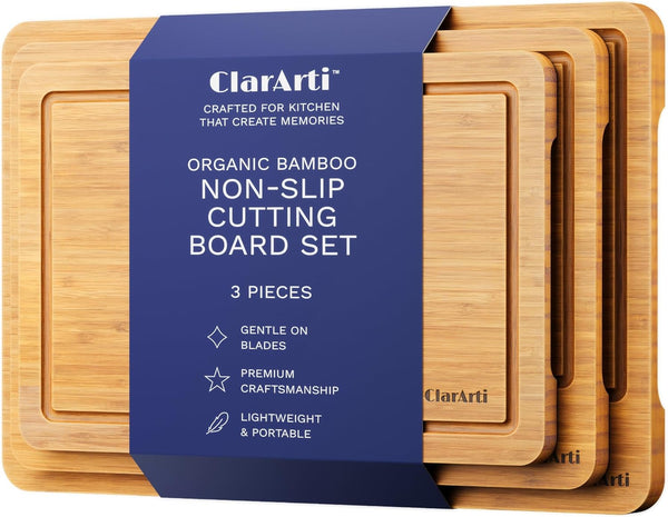 Bamboo Cutting Boards for Kitchen Set of 3 Non-Slip Wood Cutting Boards