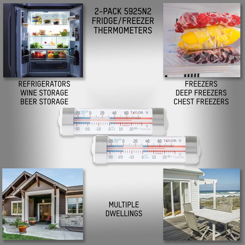 Taylor Large Dial Kitchen Refrigerator/Freezer Thermometer with Suction Cups, 2 Pack