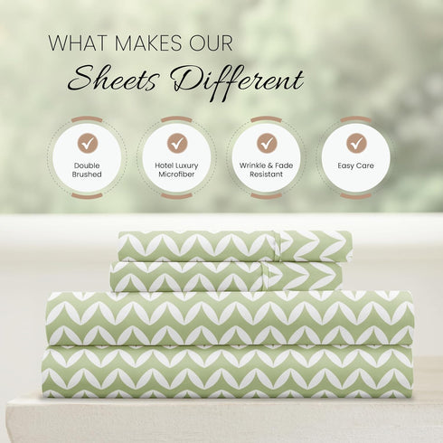 Linen Market Double-Brushed Microfiber Queen Sheet Set - 4 Piece, Oeko-TEX Certified, Puffed Chevron Sage