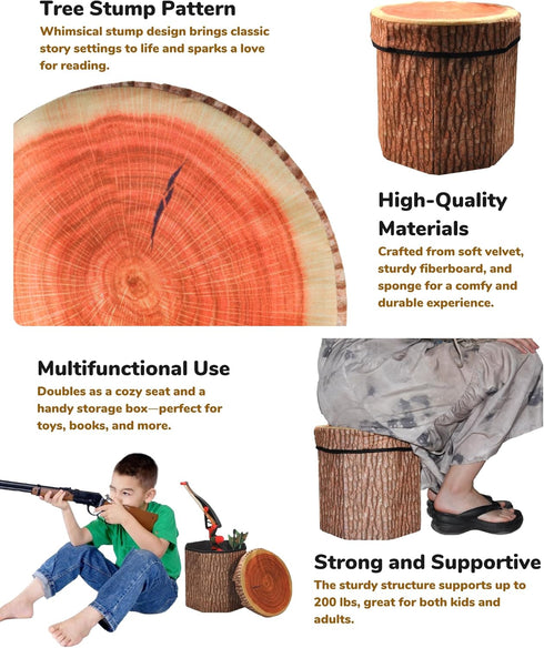 CHEFAN Fruit Storage Stool Ottoman,Tree Stump Stool, Cute Folding Storage Toy Box, Collapsible Seat Chest, Wood Stump