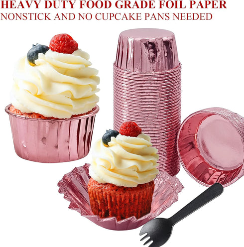 5.5 Oz Foil Muffin Cups 50 Pack, LNYZQUS Jumbo Cupcake Liners with Lids, Disposable Ramekins for Bakery-Rose Gold