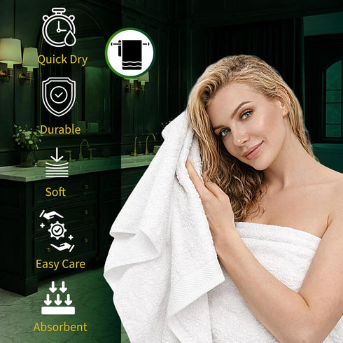 12 Pack 22x44 Set Pearl Linens Economy Cotton Hotel Quality White Bath Towels Quick-Dry, Lightweight, Soft & Absorbent