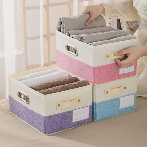 PRANDOM Foldable Storage Bins for Closet, 3-pack Decorative Fabric Storage Baskets with Leather/Metal Handles for