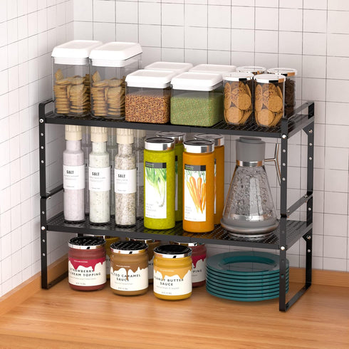 iPEGTOP Large Expandable Cabinet Storage Shelf Organizer Rack - Heavy Duty Stackable Steel Metal Spice Rack, Black - 1