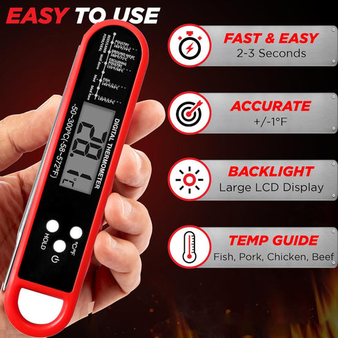 Meat Thermometer Instant Read for Grill and Cooking, Fast & Precise Digital Food Thermometer with Backlight, Magnet, Calibration, and Foldable Probe for Kitchen, Outdoor Grilling and BBQ