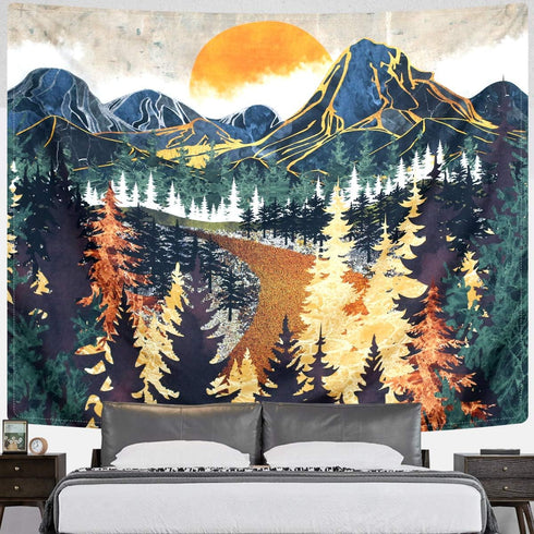 SENYYI Mountain Tapestry Wall Hanging, 59.1 x 59.1 inches, Forest Trees Art Tapestry, Sunset Landscape Home Decor