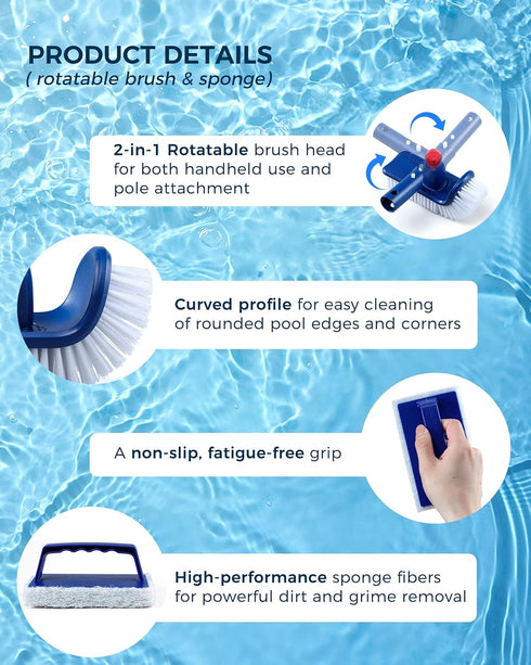 Snuvid 3-in-1 Set 17.5" Set Full-Coverage Pool Brush Head - Includes Long Brush, Rotatable Handheld/Extension Pole