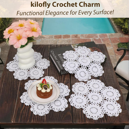 kilofly Crochet Cotton Lace Table Placemats Doilies, 4pc, White, Blossoms, 10 inch